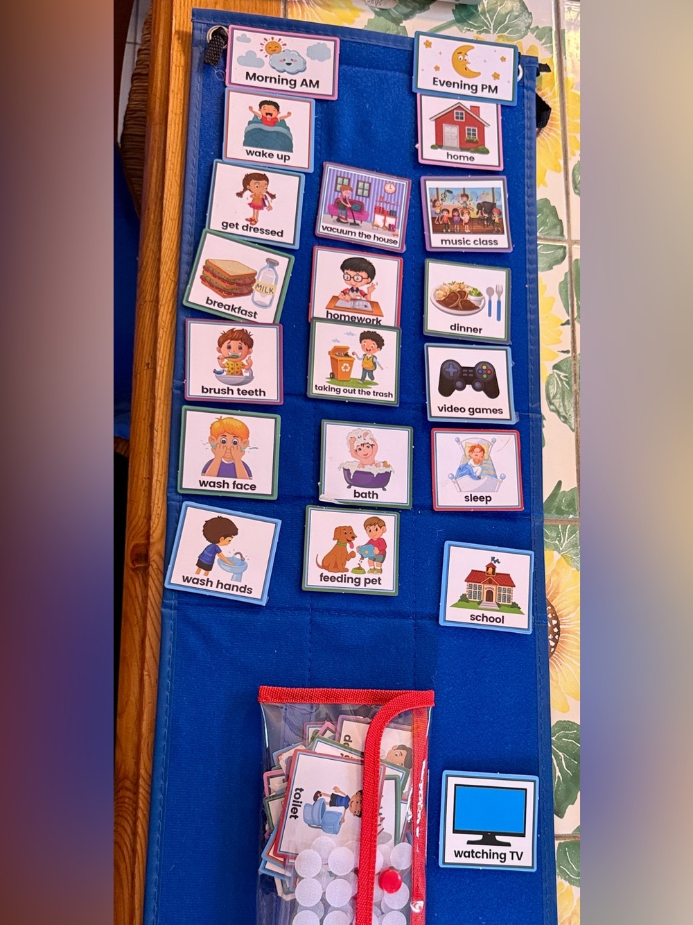 Blue Daily Routine Felt Pocket Chart for Kids - Visual Chore Schedule cards